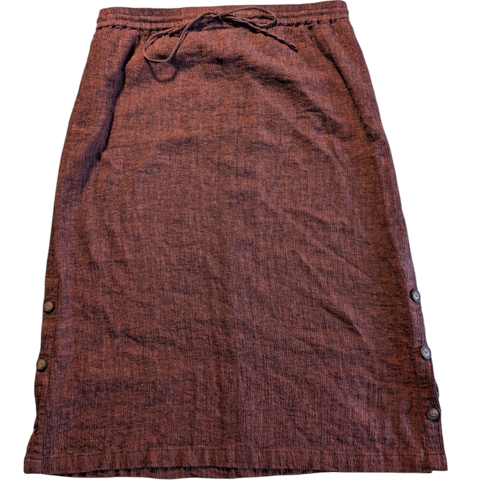 Poetry Linen Blend Maroon Pencil Skirt with Button Accents